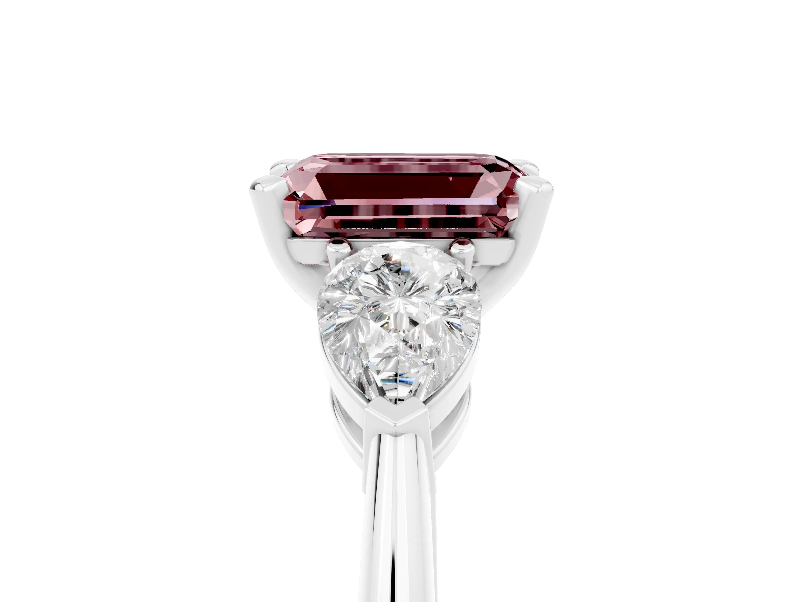 White gold Three-Stone Emerald Cut Morganite Ring with Pear Side Stones and Four-Prong Setting_5