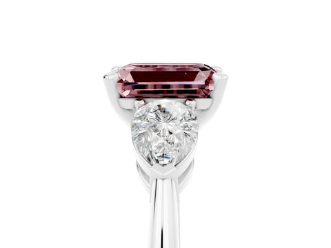 White gold Three-Stone Emerald Cut Morganite Ring with Pear Side Stones and Four-Prong Setting_5