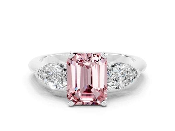 Silver Three-Stone Emerald Cut Morganite Ring with Pear Side Stones and Four-Prong Setting