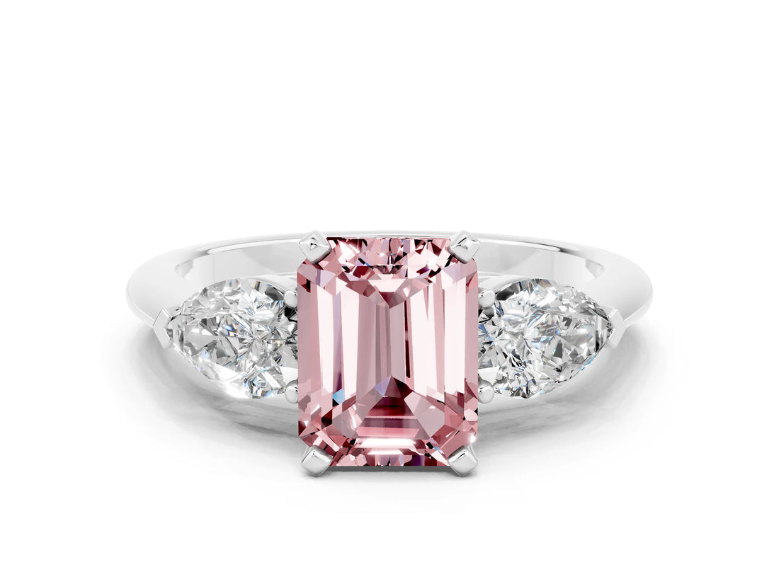 White gold Three-Stone Emerald Cut Morganite Ring with Pear Side Stones and Four-Prong Setting