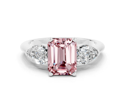 White gold Three-Stone Emerald Cut Morganite Ring with Pear Side Stones and Four-Prong Setting