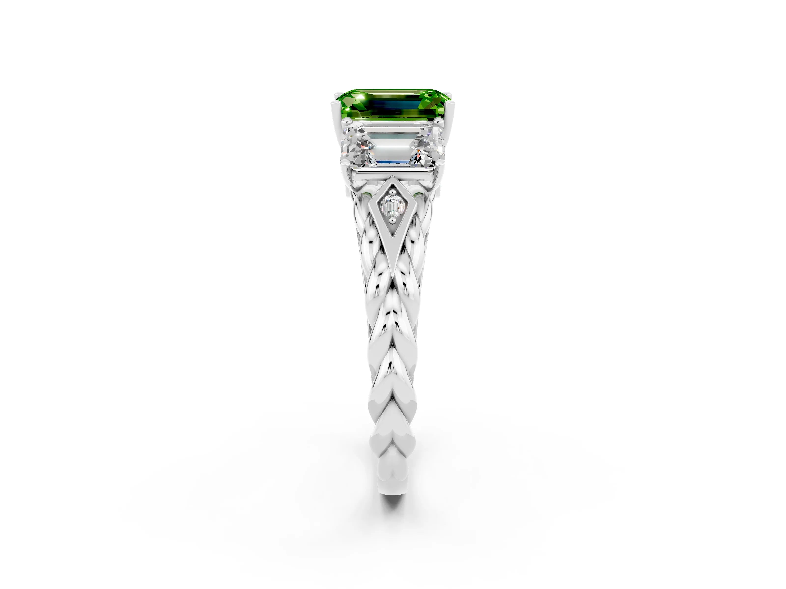 White gold Three-Stone Emerald Cut Peridot Braided Band Ring with Four-Prong Setting_38