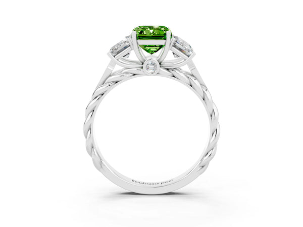 Platinum Three-Stone Emerald Cut Peridot Braided Band Ring with Four-Prong Setting