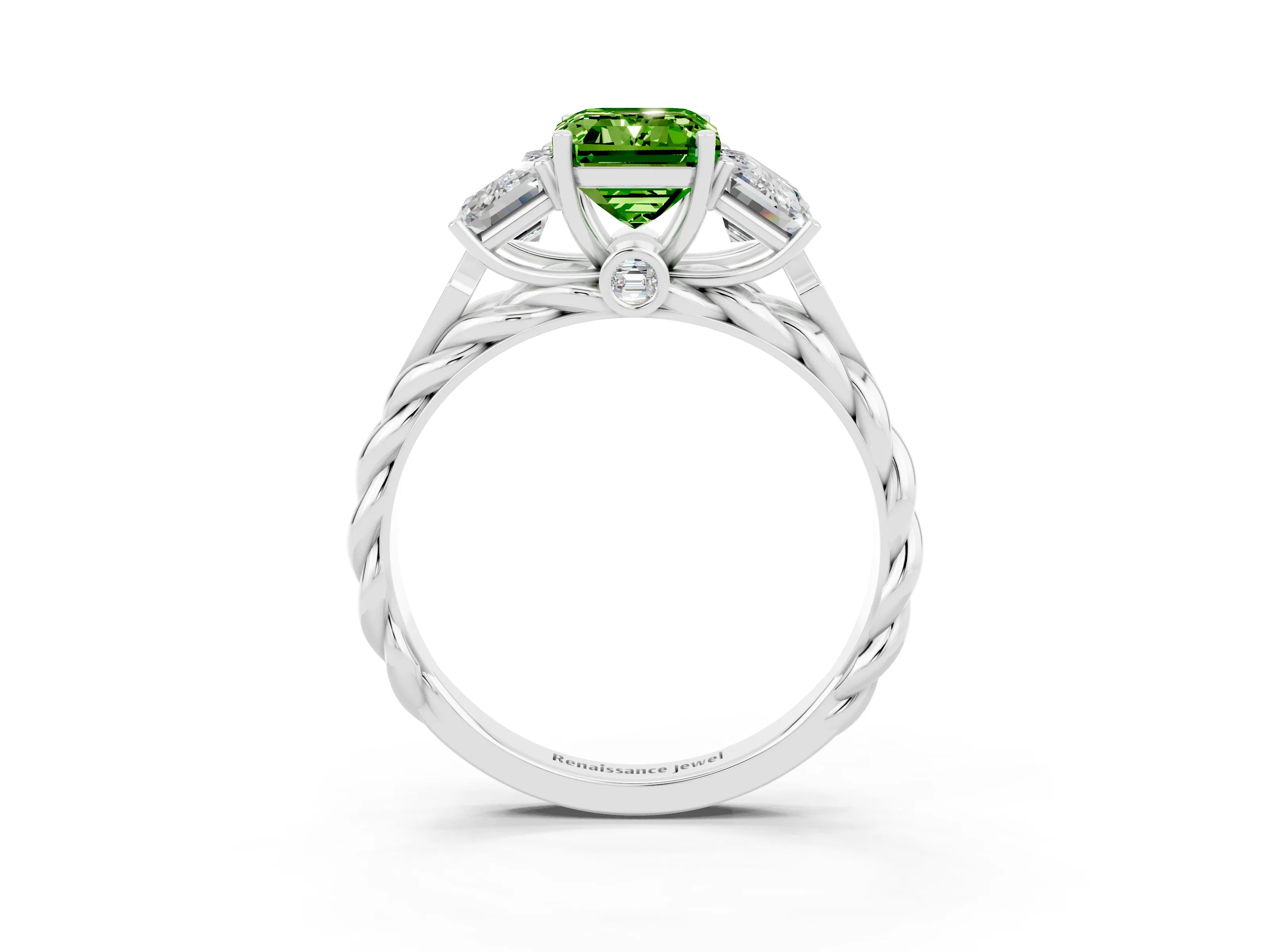 White gold Three-Stone Emerald Cut Peridot Braided Band Ring with Four-Prong Setting_39
