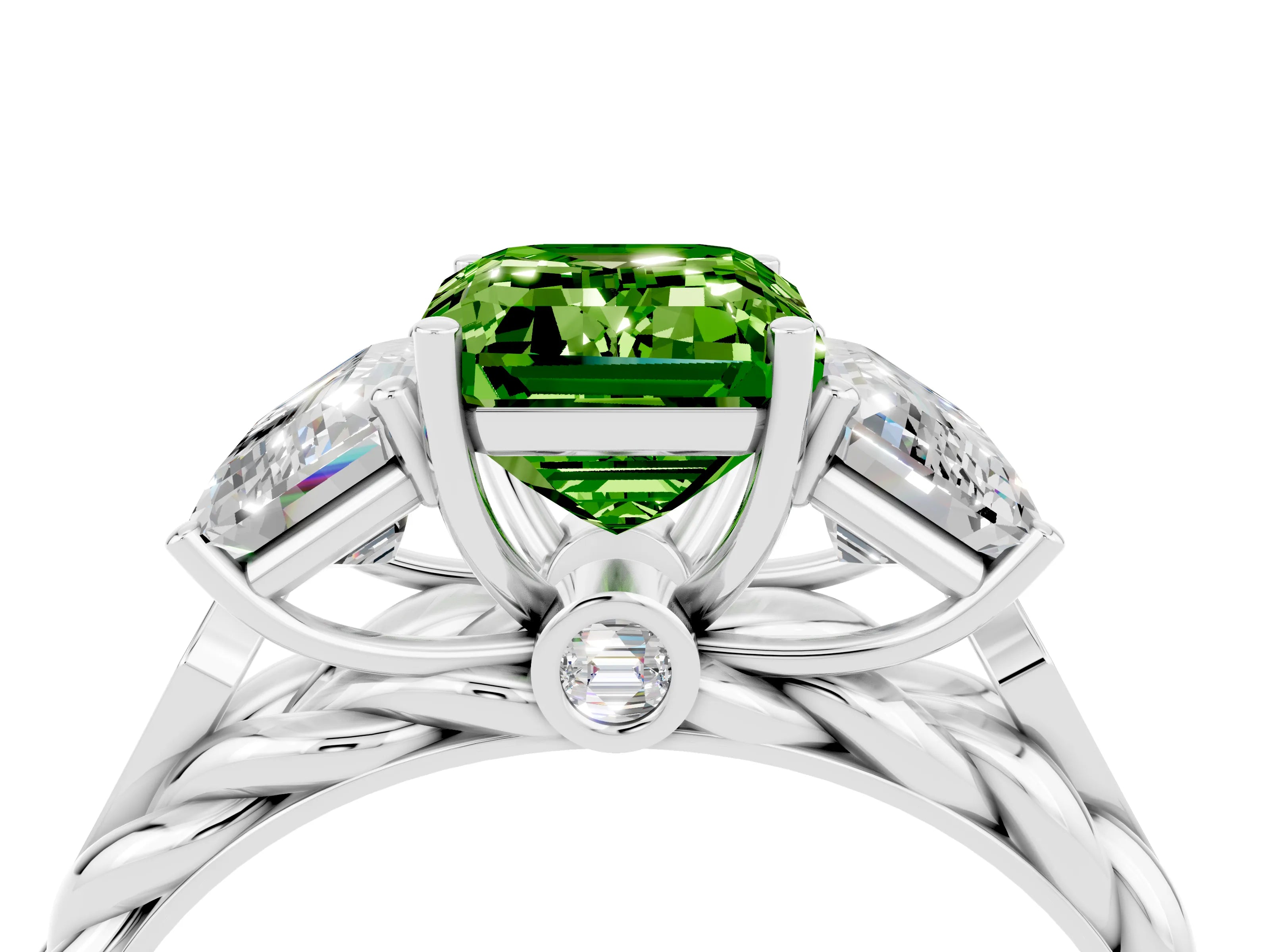 White gold Three-Stone Emerald Cut Peridot Braided Band Ring with Four-Prong Setting_40