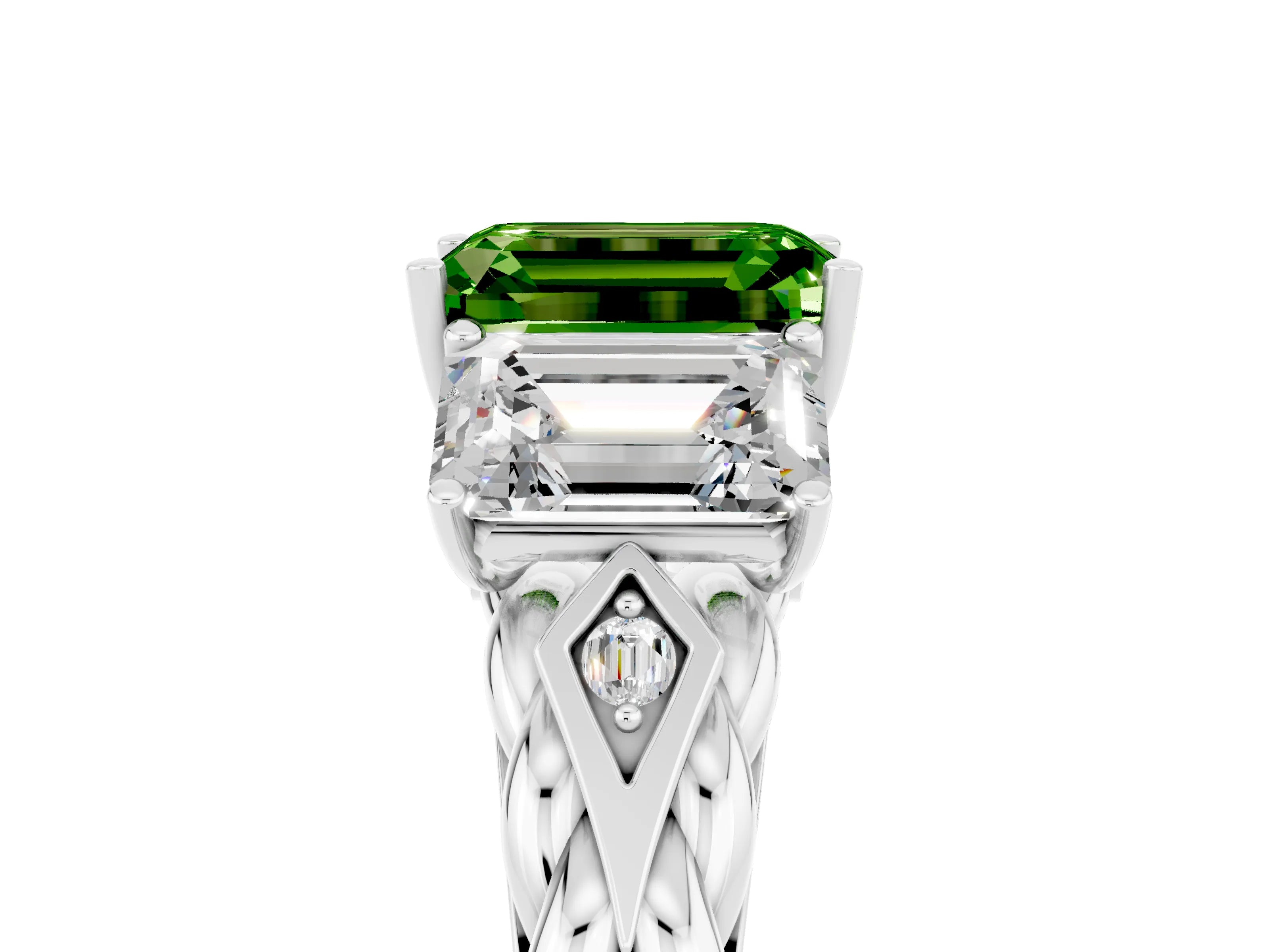 White gold Three-Stone Emerald Cut Peridot Braided Band Ring with Four-Prong Setting_41