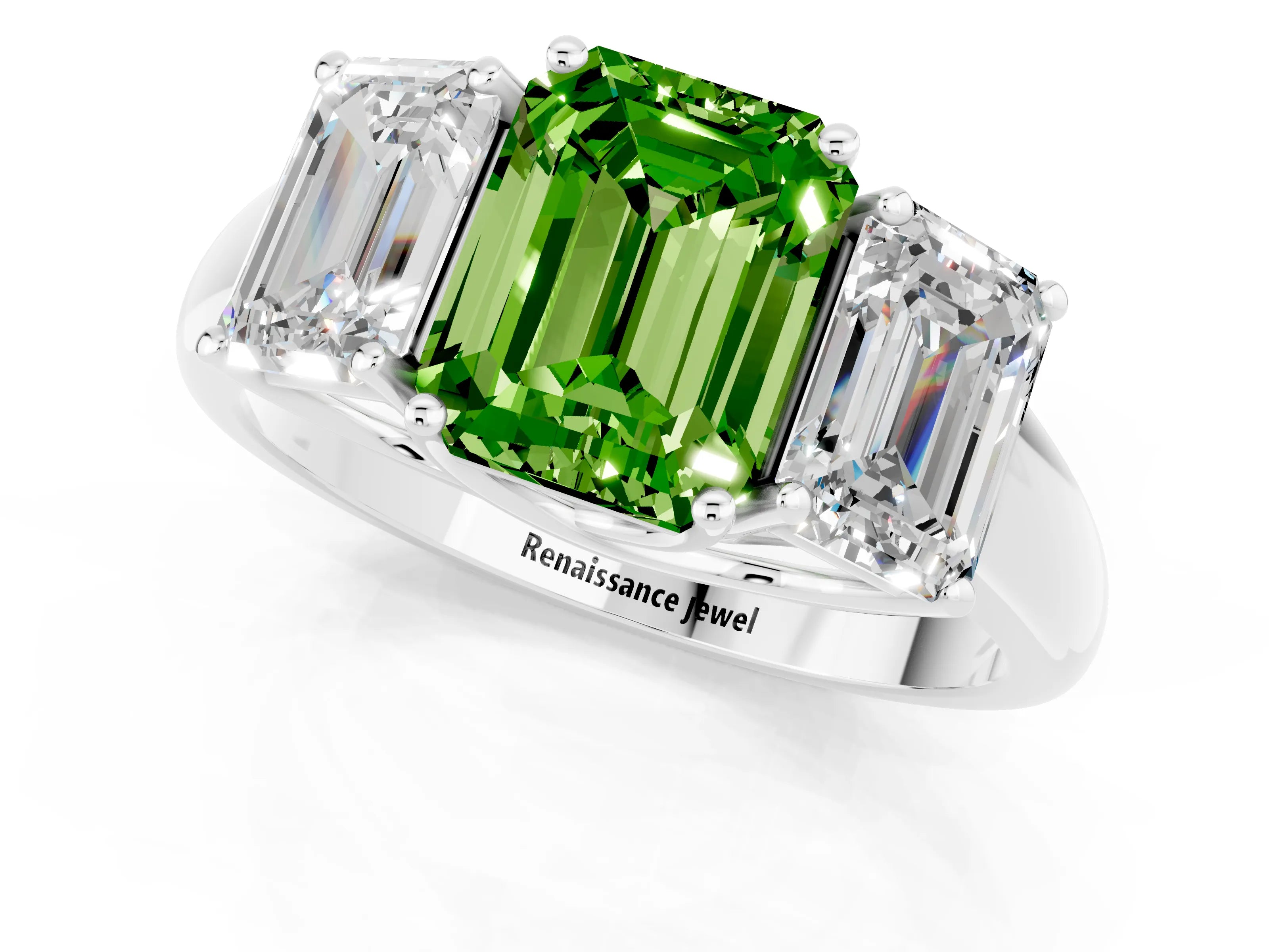 White gold Three-Stone Emerald Cut Peridot Engagement Ring with Prong Setting_1