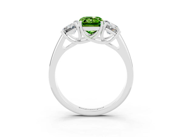 Platinum Three-Stone Emerald Cut Peridot Engagement Ring with Prong Setting