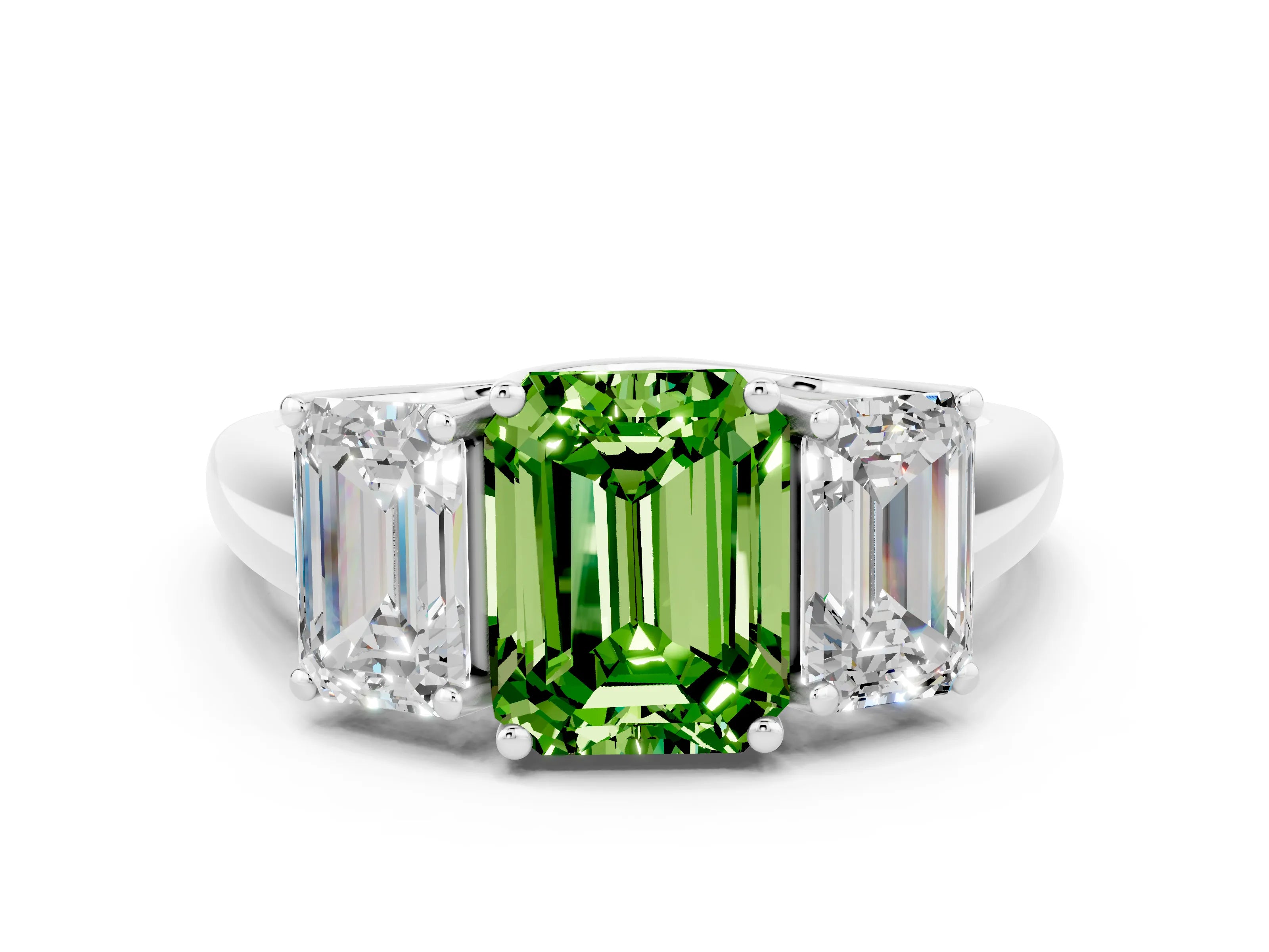 White gold Three-Stone Emerald Cut Peridot Engagement Ring with Prong Setting