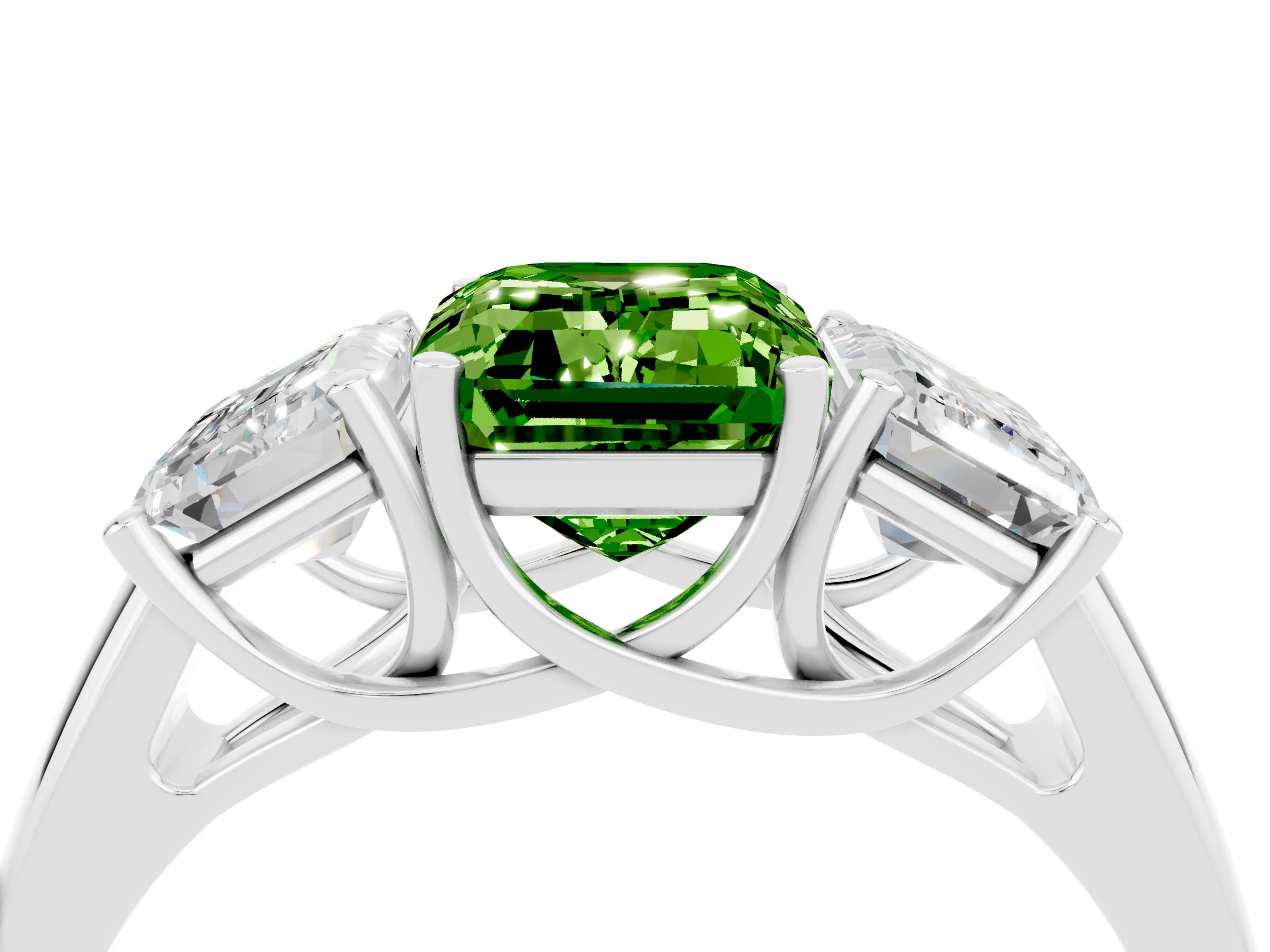 White gold Three-Stone Emerald Cut Peridot Engagement Ring with Prong Setting_4