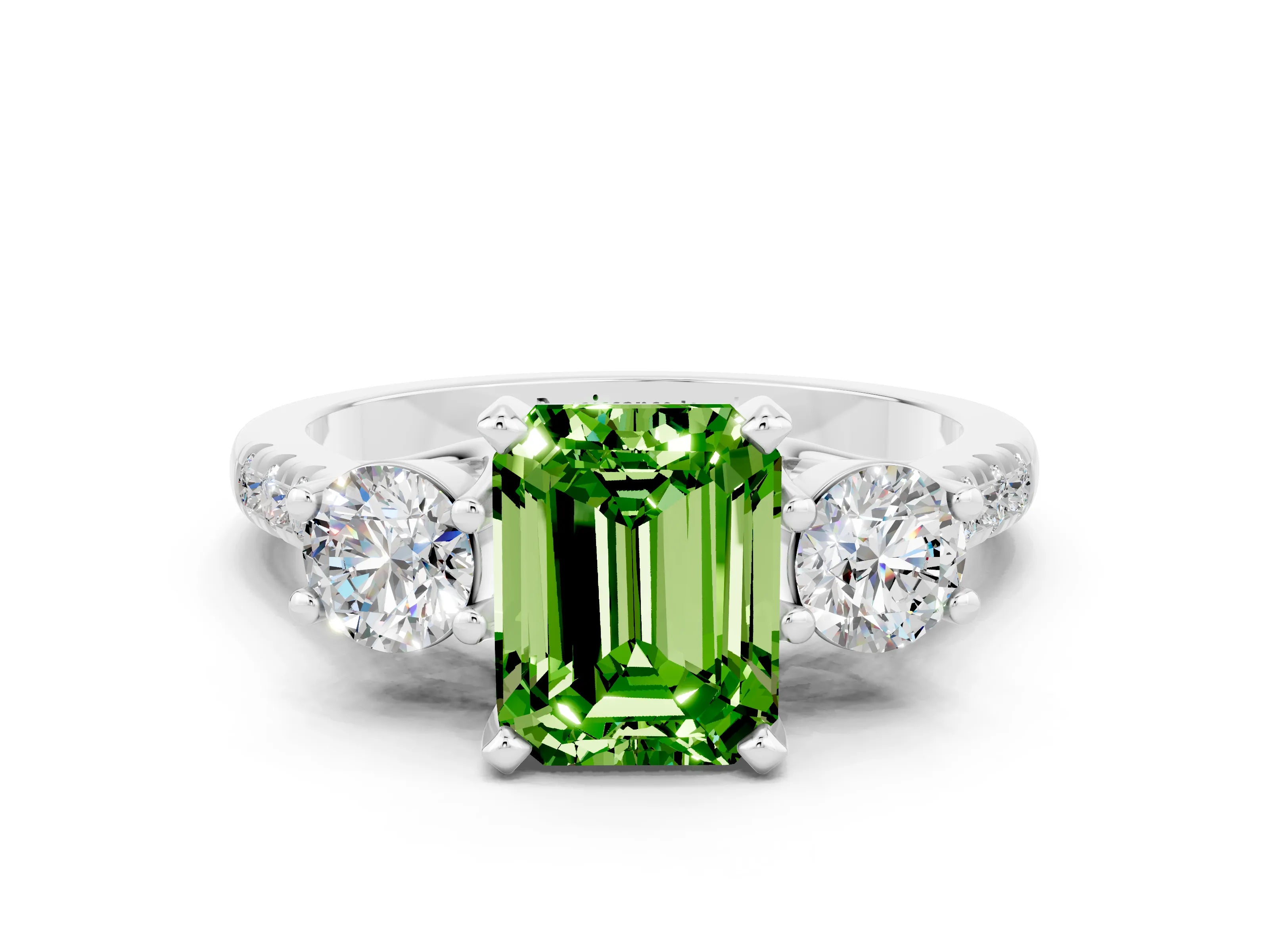 White gold Three-Stone Emerald Cut Peridot Pavé Band with Four-Prong Setting