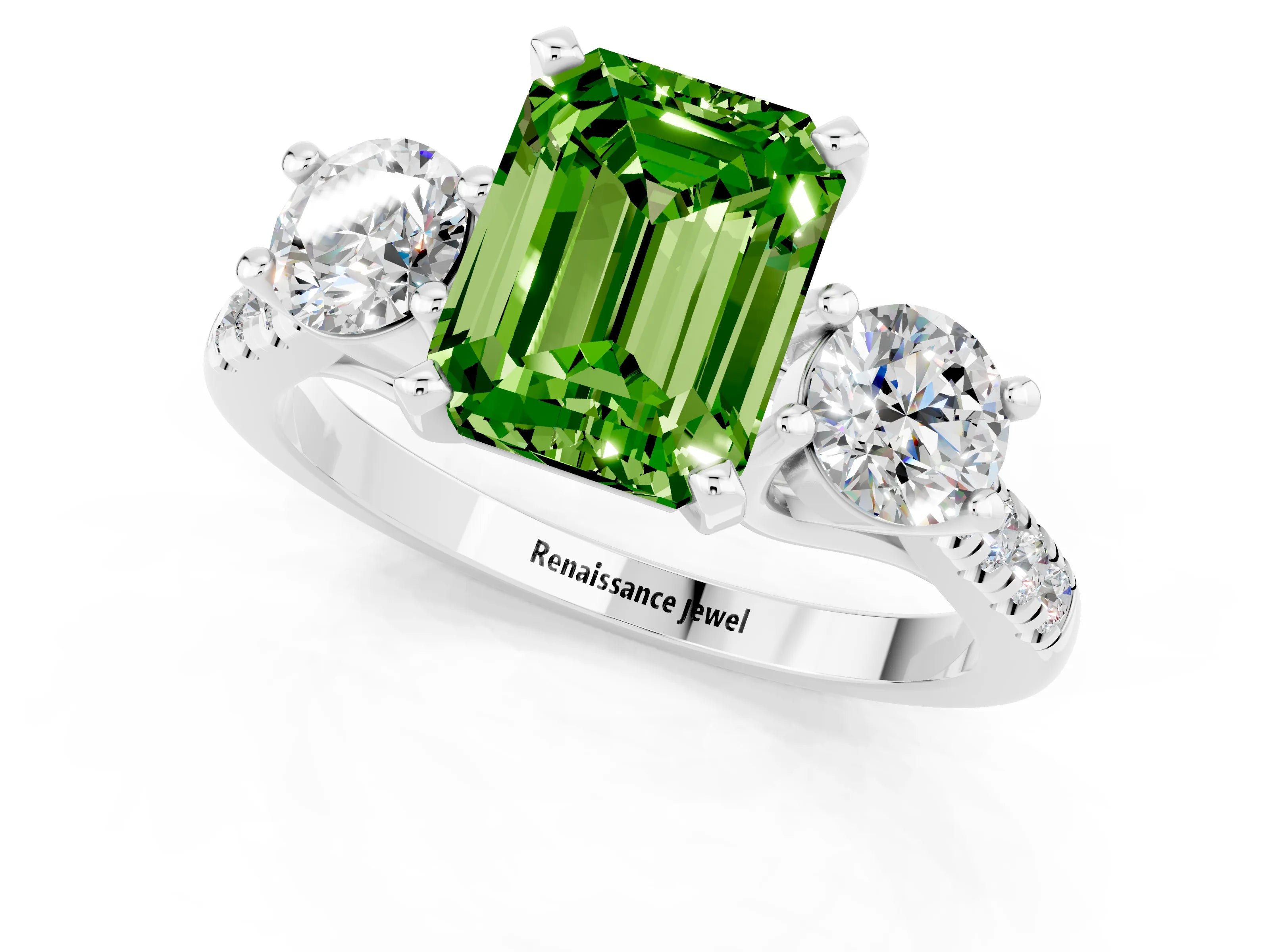 White gold Three-Stone Emerald Cut Peridot Pavé Band with Four-Prong Setting_1