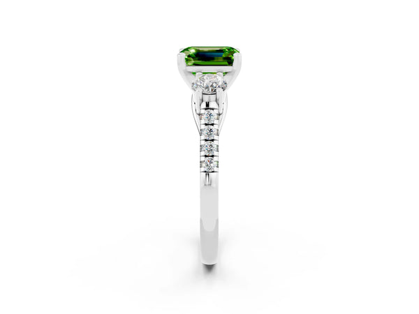Platinum Three-Stone Emerald Cut Peridot Pavé Band with Four-Prong Setting