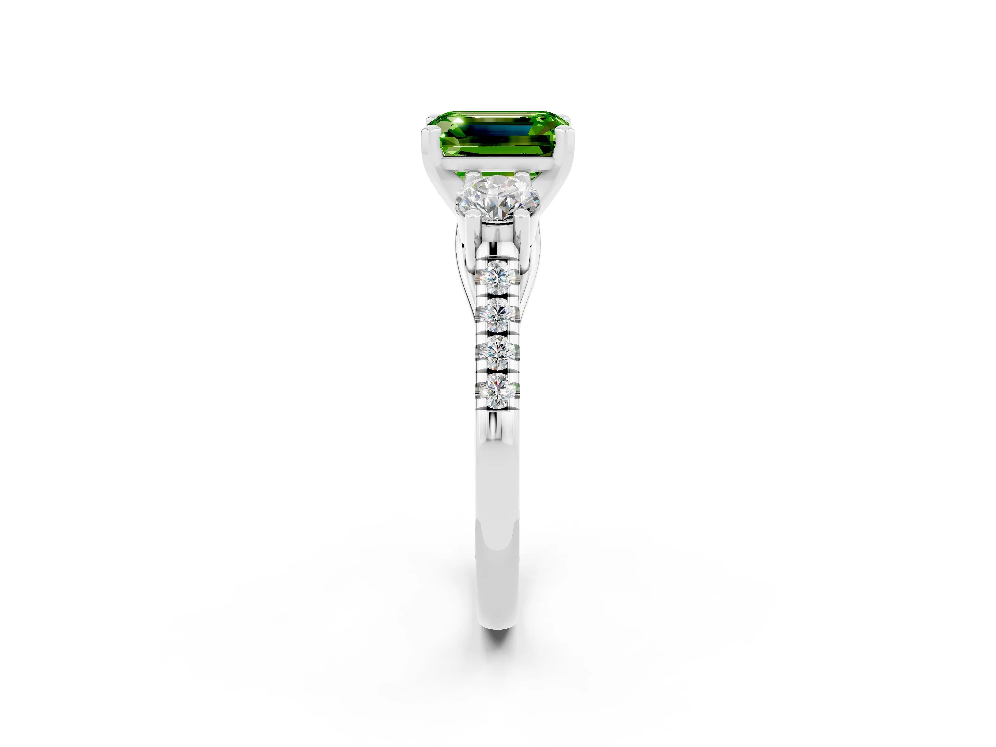 White gold Three-Stone Emerald Cut Peridot Pavé Band with Four-Prong Setting_2