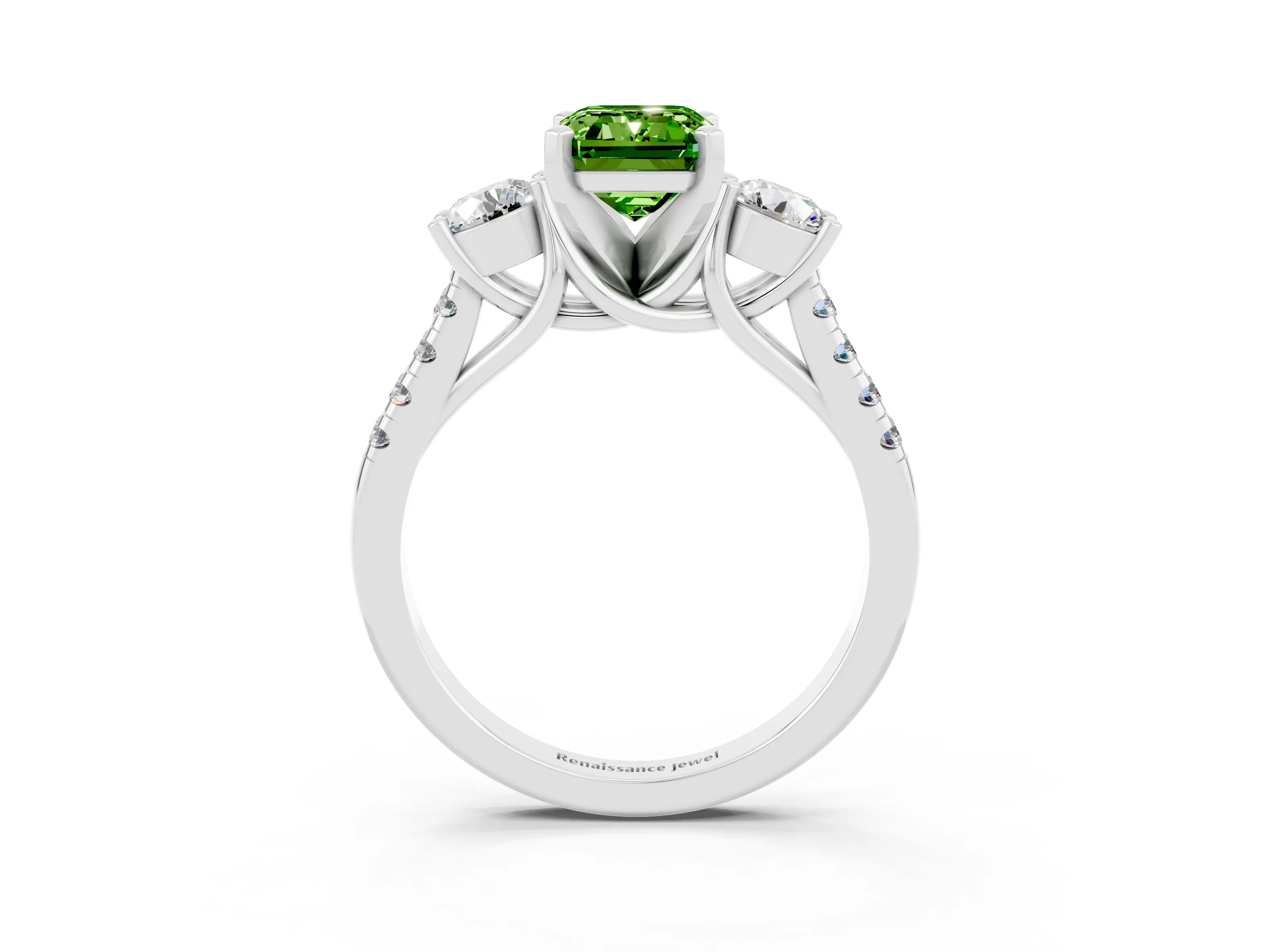 White gold Three-Stone Emerald Cut Peridot Pavé Band with Four-Prong Setting_3