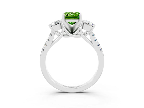 Silver Three-Stone Emerald Cut Peridot Pavé Band with Four-Prong Setting