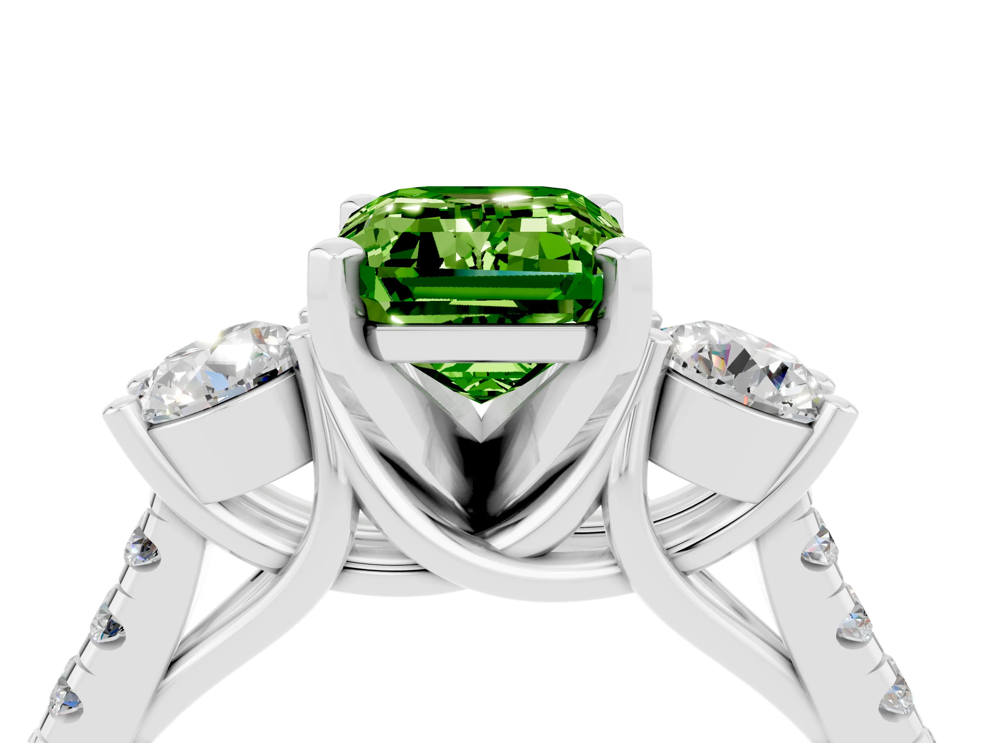 White gold Three-Stone Emerald Cut Peridot Pavé Band with Four-Prong Setting_4