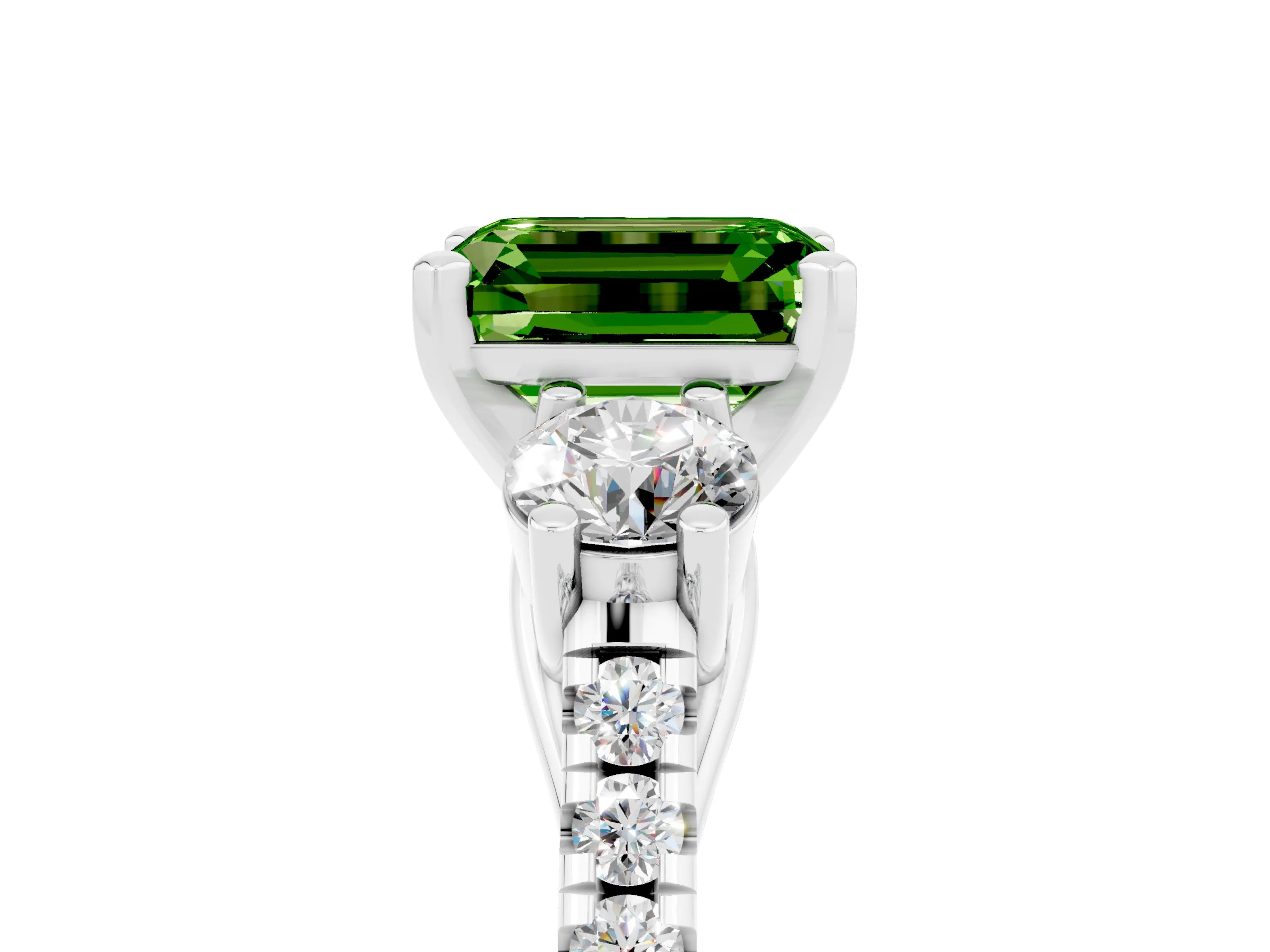 White gold Three-Stone Emerald Cut Peridot Pavé Band with Four-Prong Setting_5