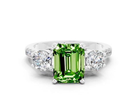 White gold Three-Stone Emerald Cut Peridot Pavé Band with Four-Prong Setting