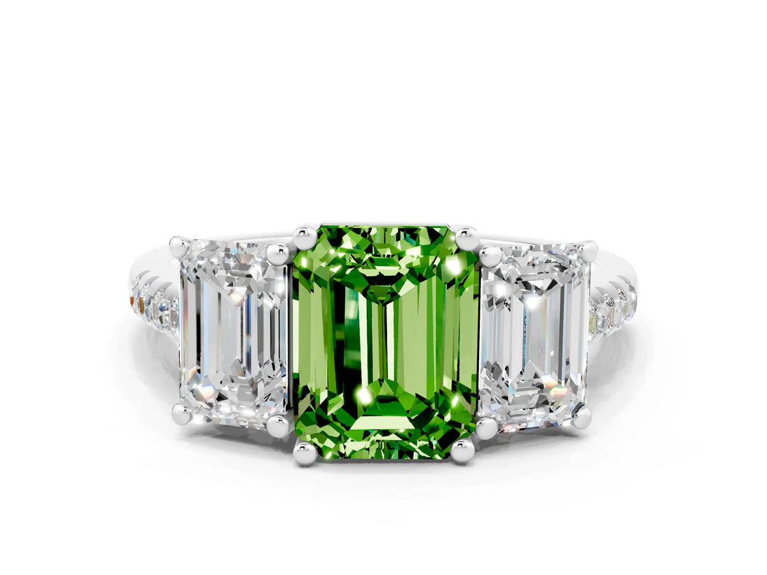 White gold Three-Stone Emerald Cut Peridot Ring with Pavé Band and Prong Setting_12
