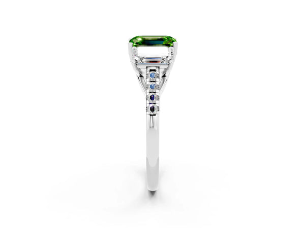 Silver Three-Stone Emerald Cut Peridot Ring with Round  Pavé Band and Prong Setting