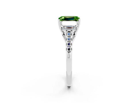 White gold Three-Stone Emerald Cut Peridot Ring with Pavé Band and Prong Setting_14