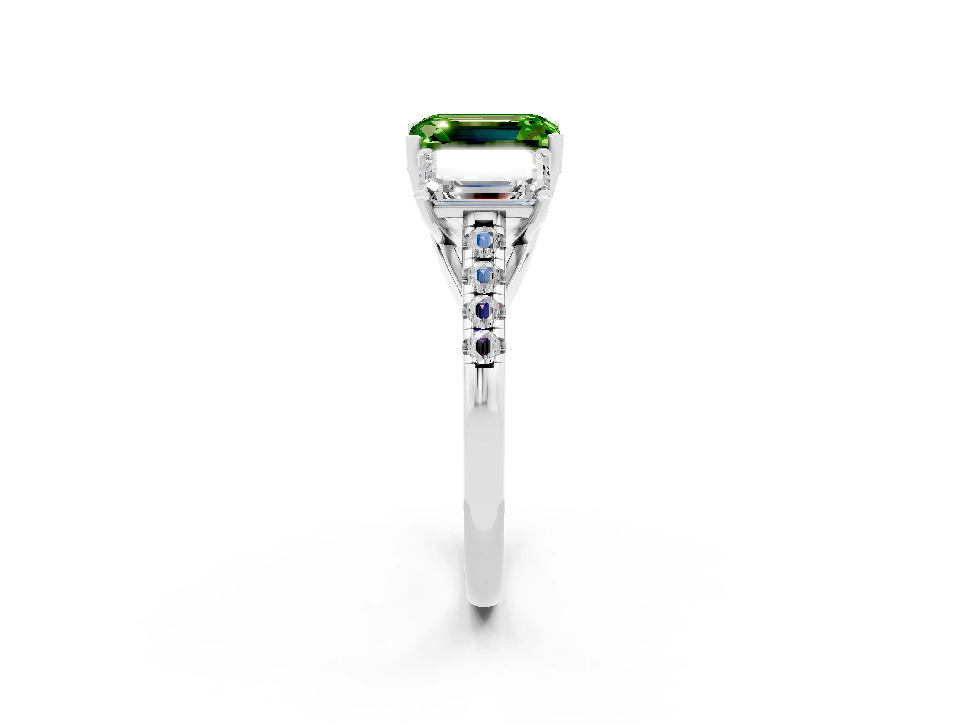 White gold Three-Stone Emerald Cut Peridot Ring with Pavé Band and Prong Setting_14