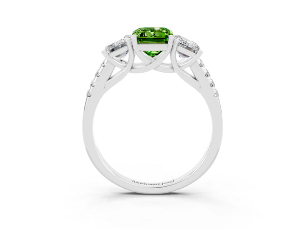 Platinum Three-Stone Emerald Cut Peridot Ring with Round  Pavé Band and Prong Setting