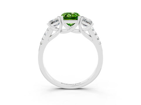 White gold Three-Stone Emerald Cut Peridot Ring with Pavé Band and Prong Setting_15