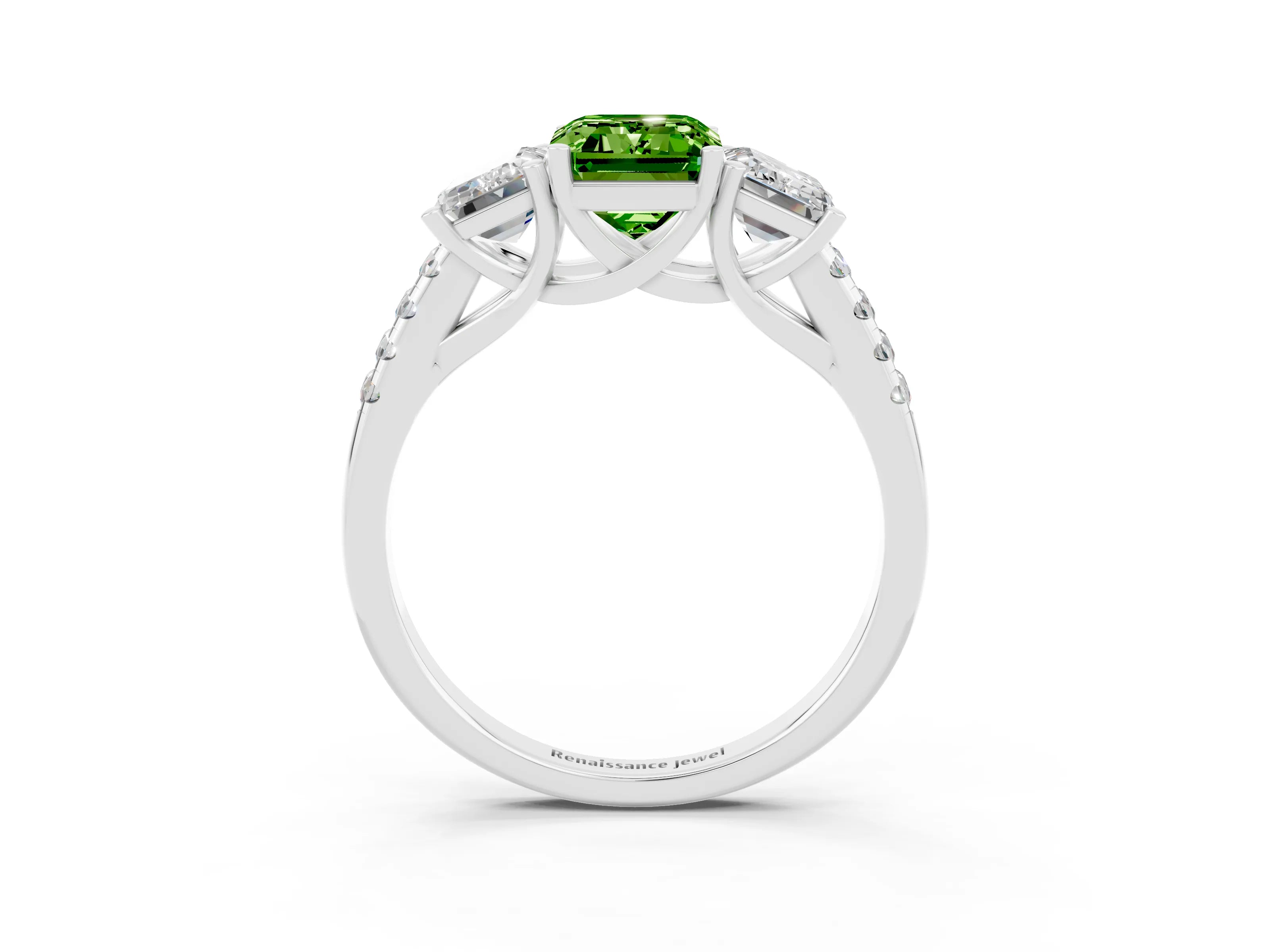 White gold Three-Stone Emerald Cut Peridot Ring with Pavé Band and Prong Setting_15