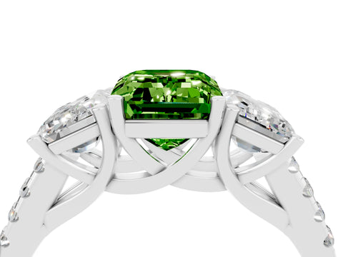 White gold Three-Stone Emerald Cut Peridot Ring with Pavé Band and Prong Setting_16