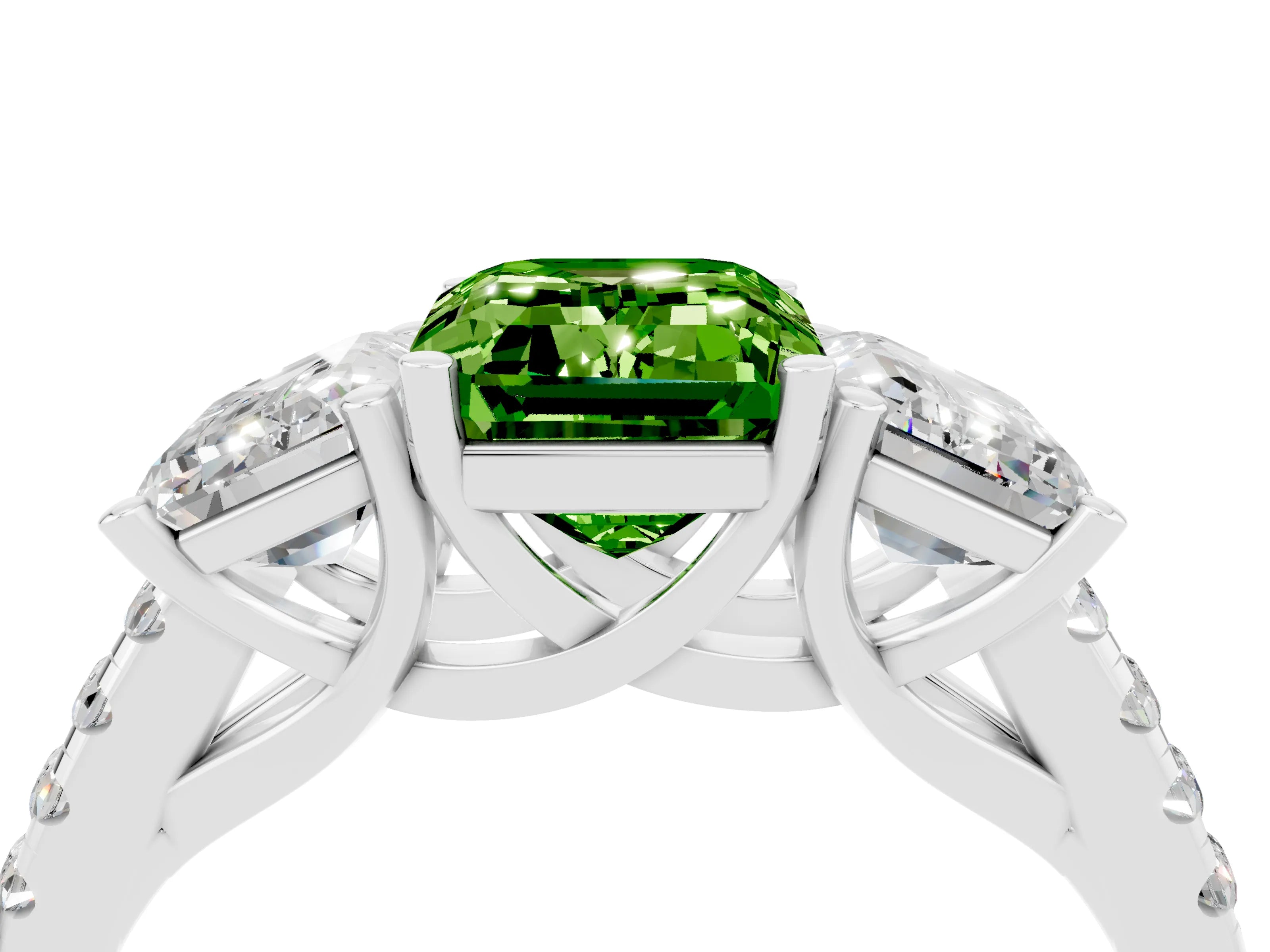 White gold Three-Stone Emerald Cut Peridot Ring with Pavé Band and Prong Setting_16