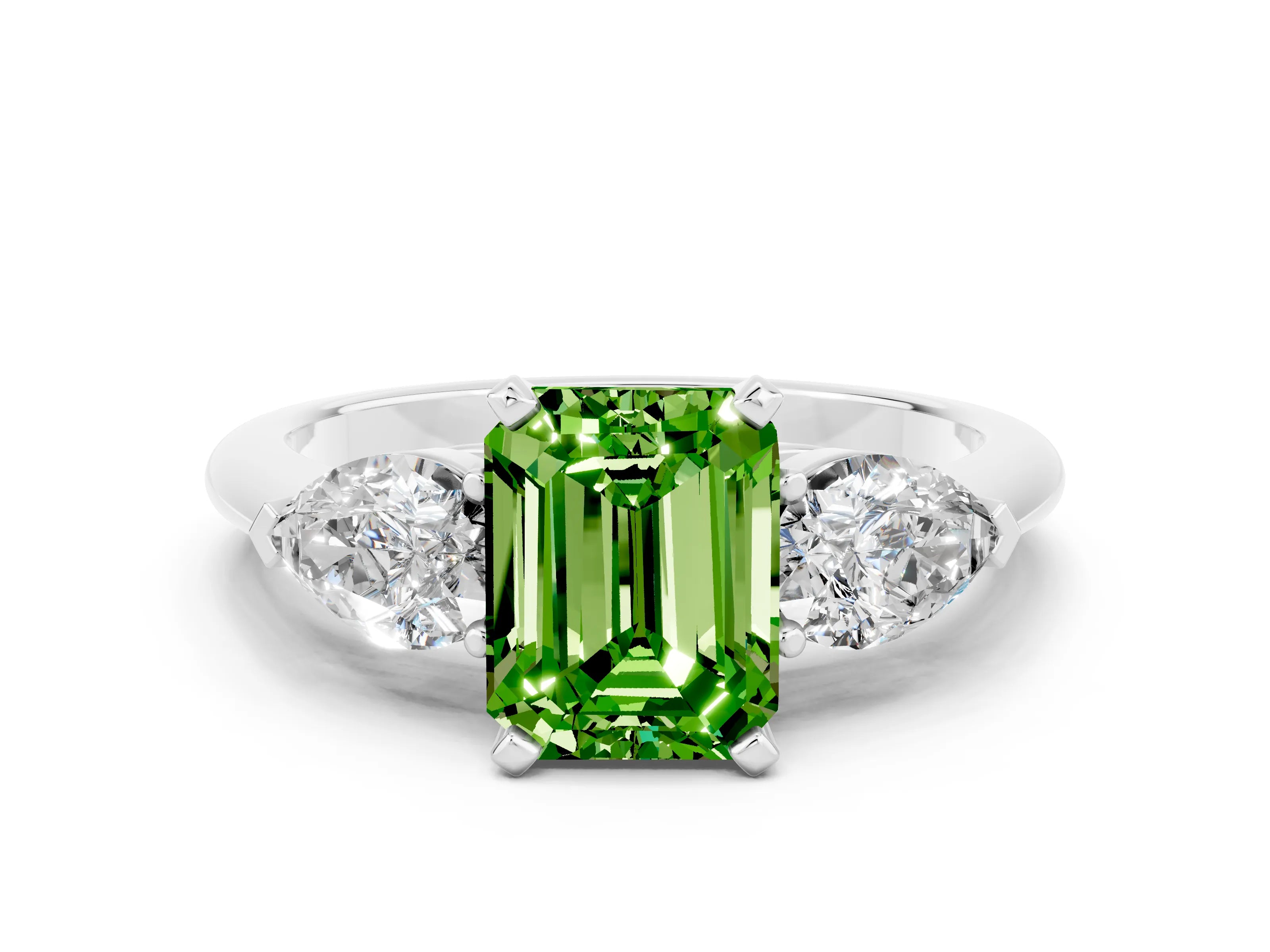 White gold Three-Stone Emerald Cut Peridot Ring with Pear Side Stones and Four-Prong Setting