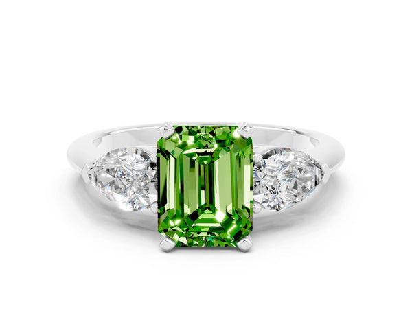 Platinum Three-Stone Emerald Cut Peridot Ring with Pear Side Stones and Four-Prong Setting