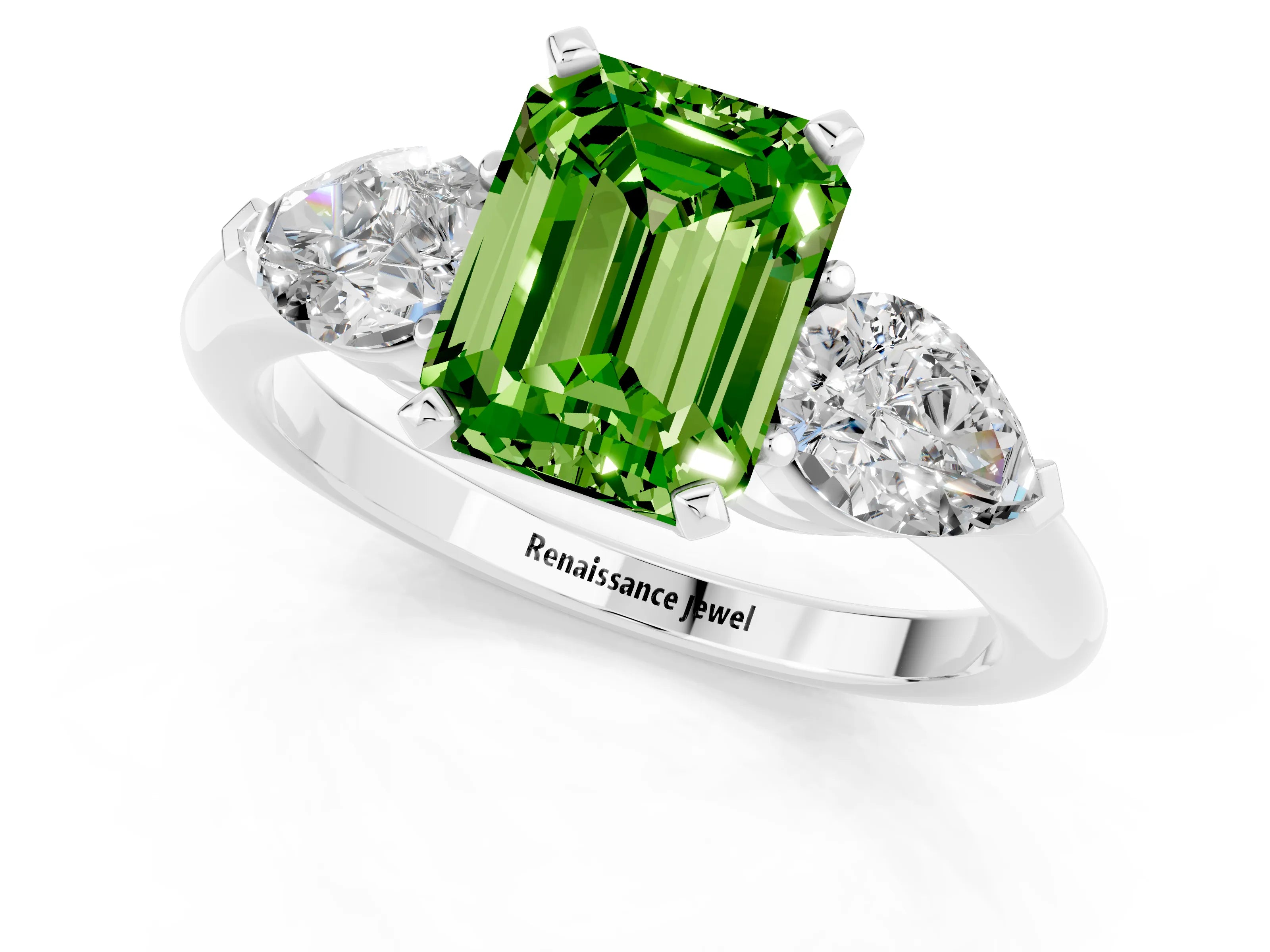 White gold Three-Stone Emerald Cut Peridot Ring with Pear Side Stones and Four-Prong Setting_1