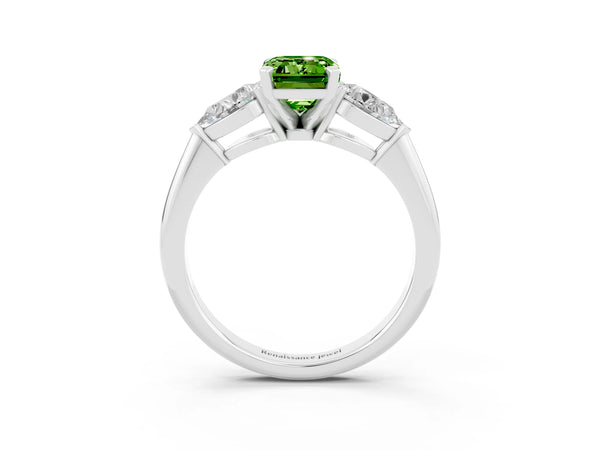 Platinum Three-Stone Emerald Cut Peridot Ring with Pear Side Stones and Four-Prong Setting