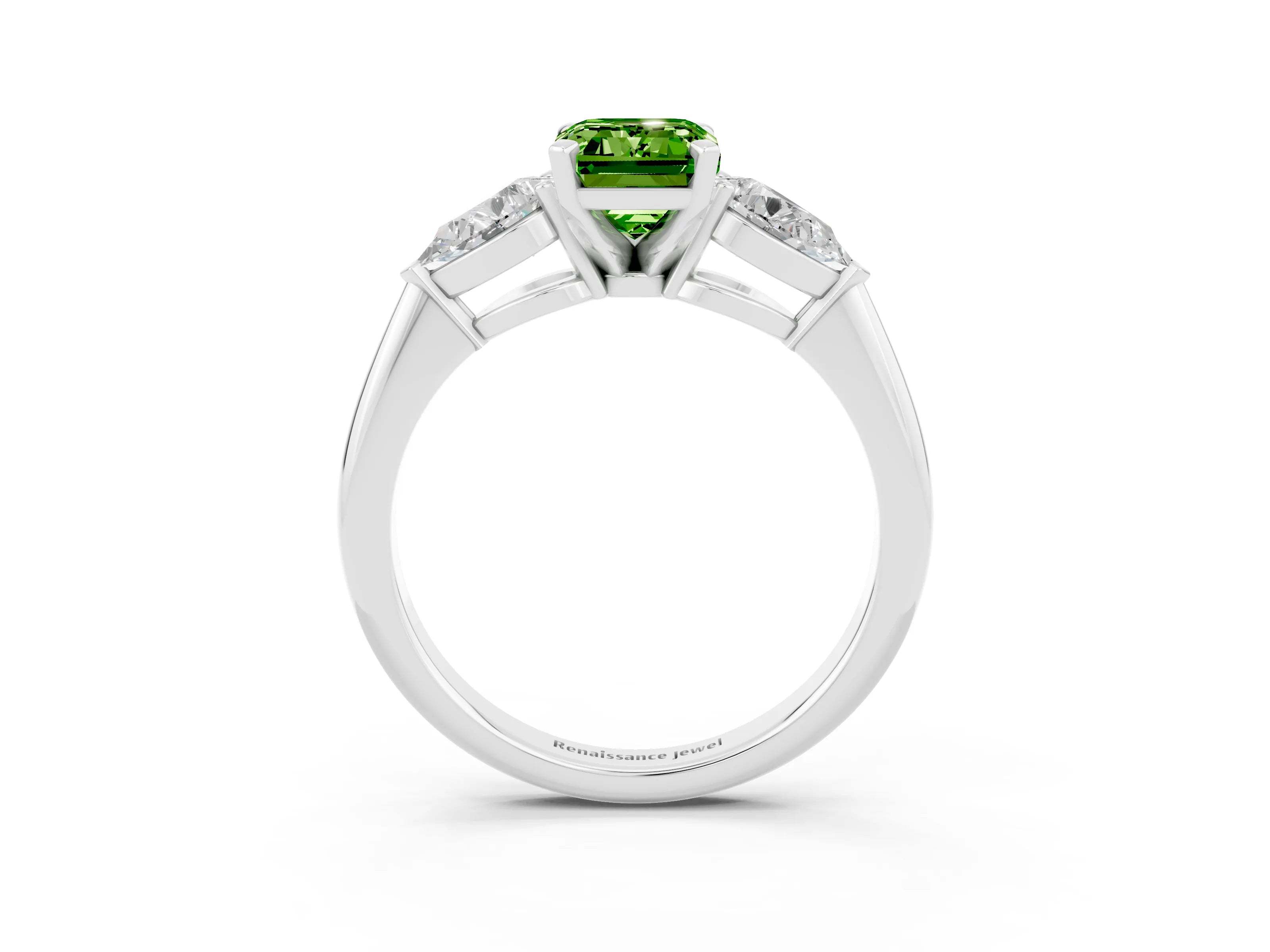 White gold Three-Stone Emerald Cut Peridot Ring with Pear Side Stones and Four-Prong Setting_3