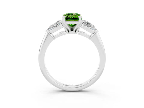 White gold Three-Stone Emerald Cut Peridot Ring with Pear Side Stones and Four-Prong Setting_3