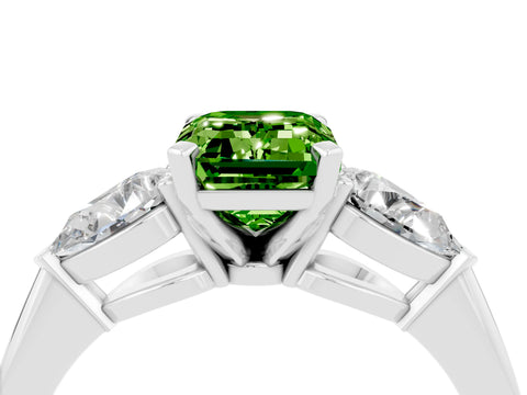 White gold Three-Stone Emerald Cut Peridot Ring with Pear Side Stones and Four-Prong Setting_4