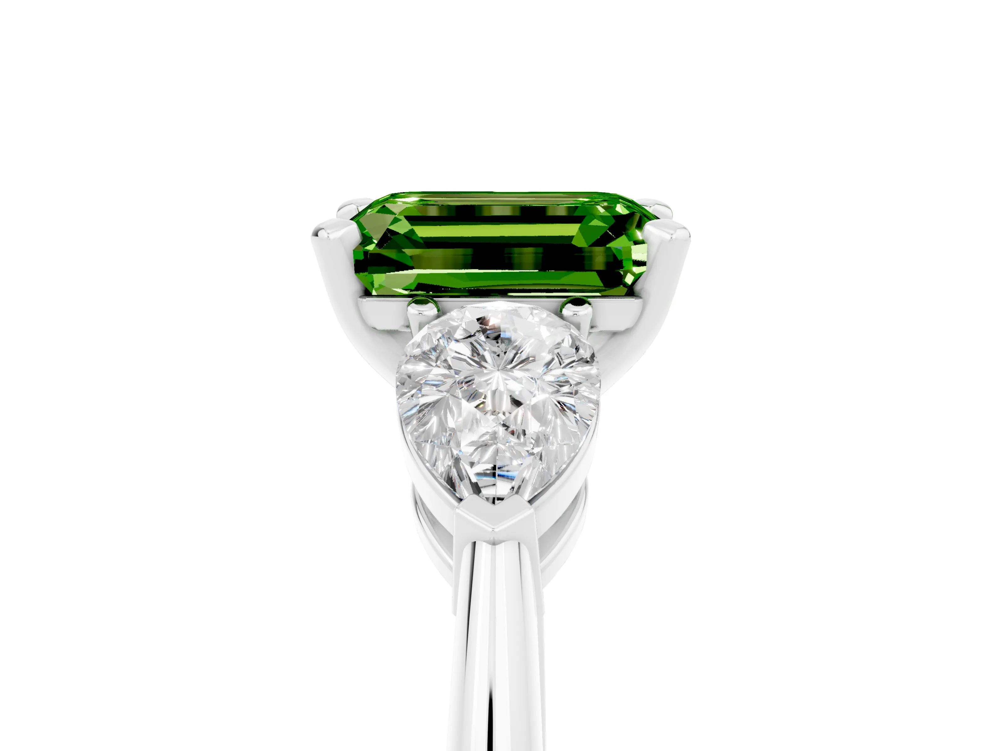 White gold Three-Stone Emerald Cut Peridot Ring with Pear Side Stones and Four-Prong Setting_5
