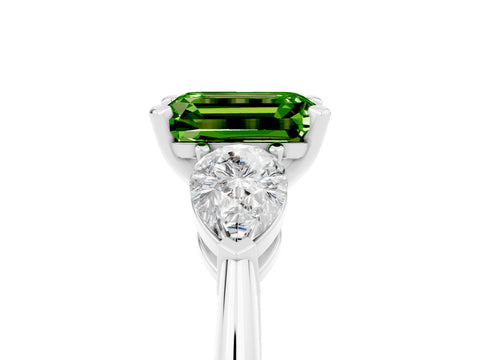 White gold Three-Stone Emerald Cut Peridot Ring with Pear Side Stones and Four-Prong Setting_5