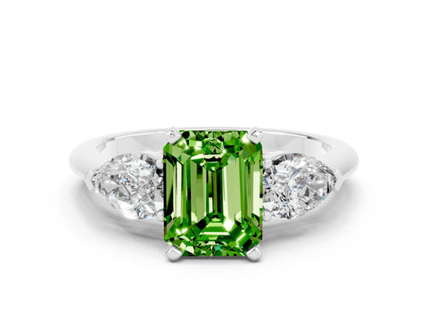 White gold Three-Stone Emerald Cut Peridot Ring with Pear Side Stones and Four-Prong Setting