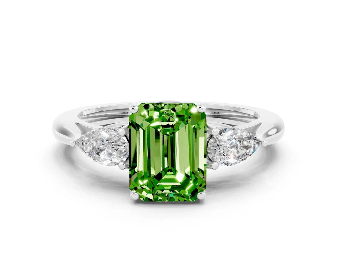 White gold Three-Stone Emerald Cut Peridot Ring with Pear  Side Stones in Four-Prong Setting_12