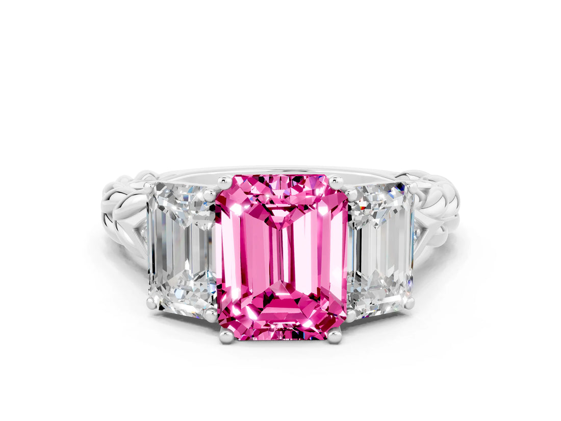 White gold Three-Stone Emerald Cut Pink Sapphire Braided Band Ring with Four-Prong Setting_60