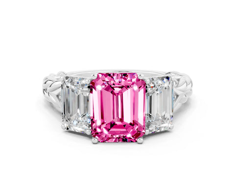White gold Three-Stone Emerald Cut Pink Sapphire Braided Band Ring with Four-Prong Setting_60