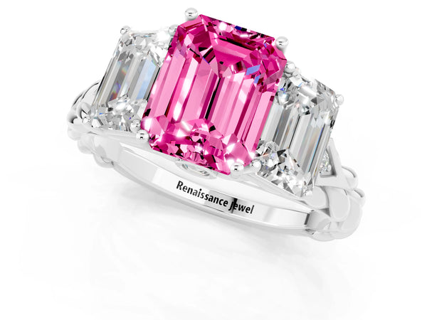 Platinum Three-Stone Emerald Cut Pink Sapphire Braided Band Ring with Four-Prong Setting