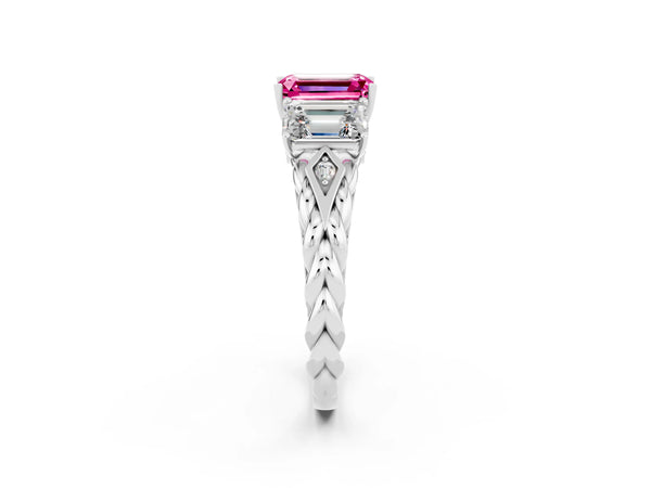 Platinum Three-Stone Emerald Cut Pink Sapphire Braided Band Ring with Four-Prong Setting