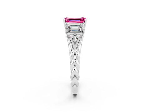White gold Three-Stone Emerald Cut Pink Sapphire Braided Band Ring with Four-Prong Setting_62