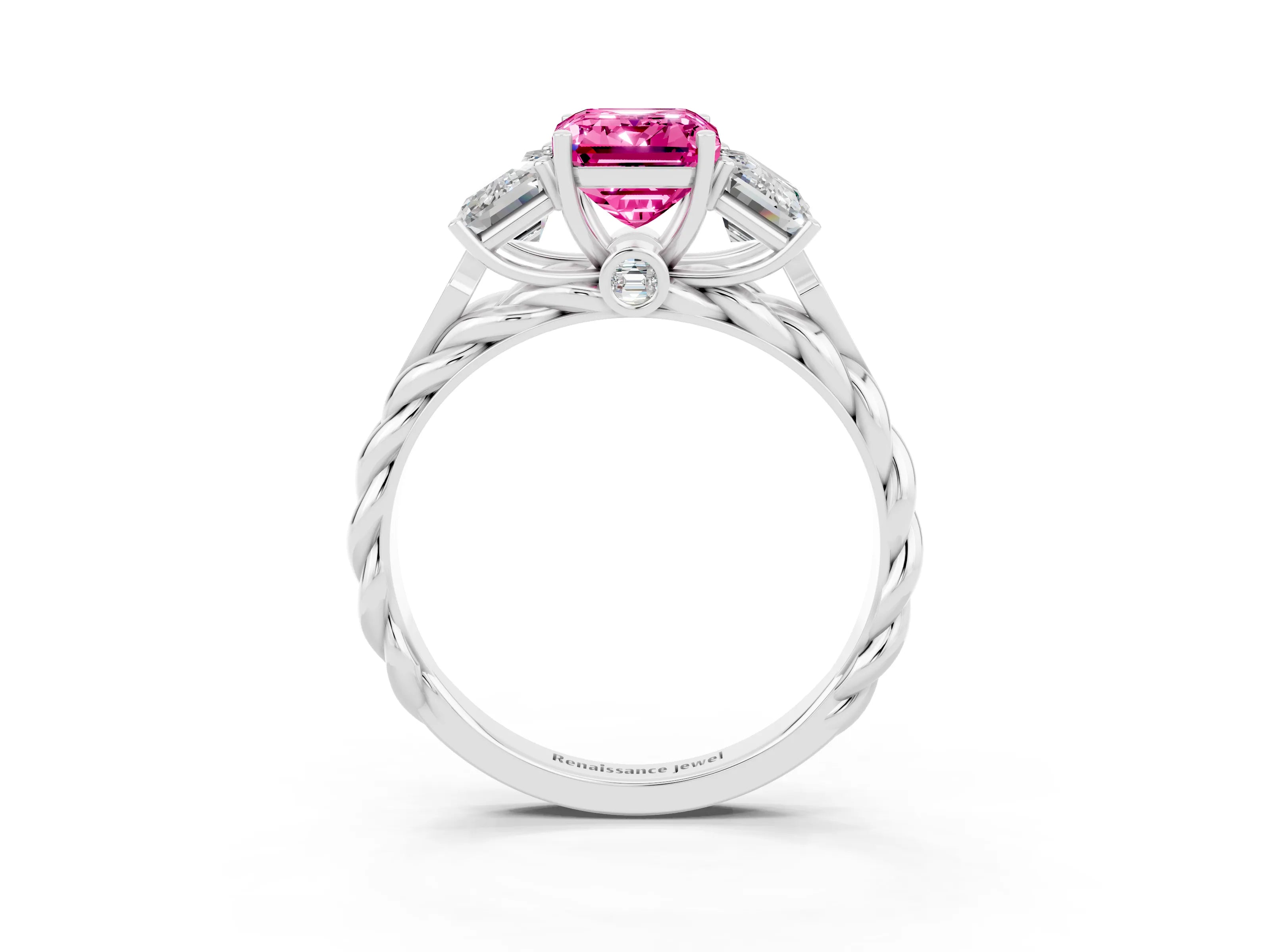 White gold Three-Stone Emerald Cut Pink Sapphire Braided Band Ring with Four-Prong Setting_63
