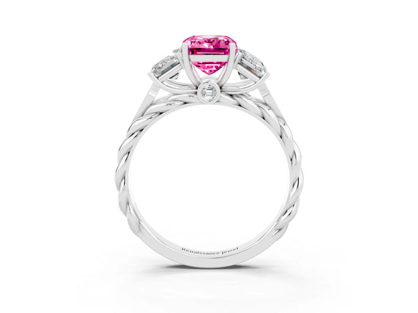 White gold Three-Stone Emerald Cut Pink Sapphire Braided Band Ring with Four-Prong Setting